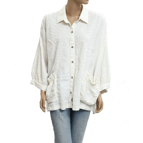 Free People Free-Est Just Like Me Seersucker Shirt White Top Buttondown M 283537 - Picture 5 of 9